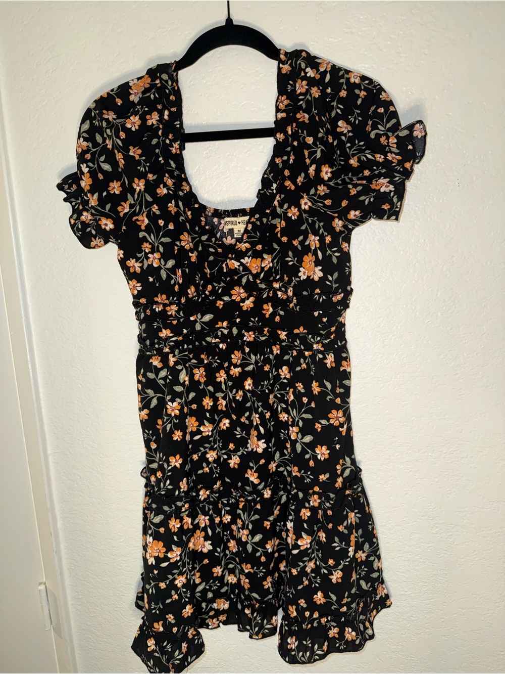 Inspired Hearts Black Mini Dress with Orange Floral Print